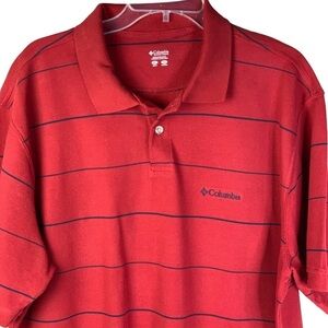 Columbia Men’s Short Sleeve Collared Polo Rust Color Navy Stripes Size X-Large